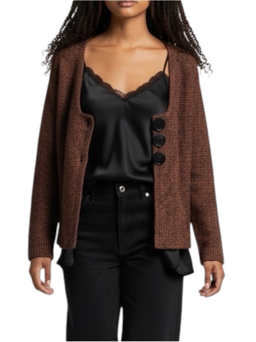TOOFAN Rust Black Vintage Artisan Textured Button-Front Cardigan Sweater Size M